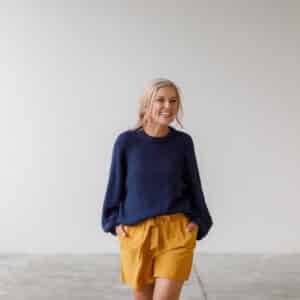 Woman wearing Navy blue Deep Raglan Sweater Pattern